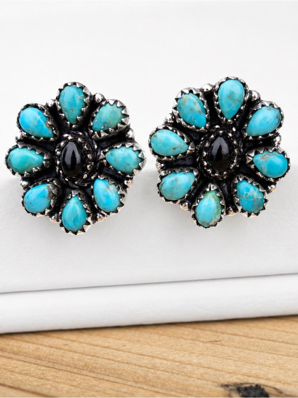 Native American Style Sterling Silver Turquoise Onyx Cluster Earrings Southwest